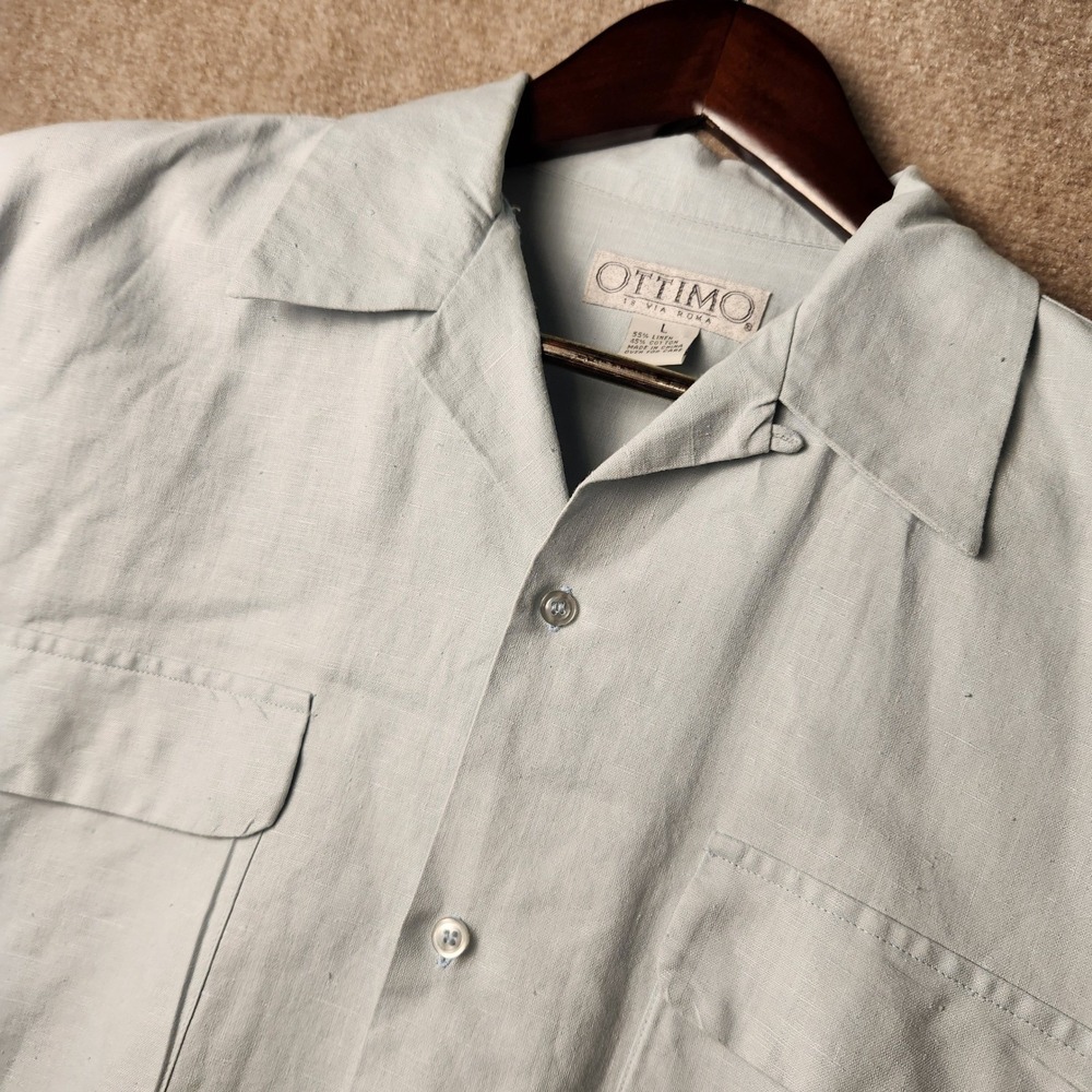 Ottimo Button Down Shirt Mens Large Light Blue Linen Cotton Blend Camp Collar